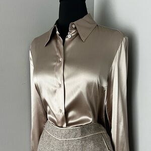 BOSS Silk Stretch Taupe Button-Front Blouse